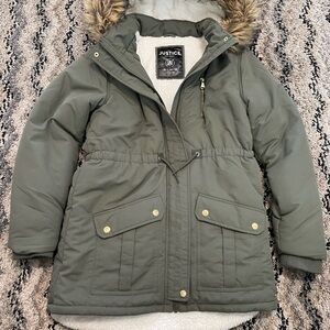 Justice Olive Green Puffer Jacket with Faux Fur Trim
